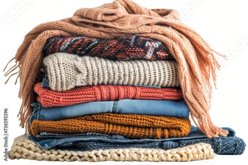 Isolated Stack Of Jeans And Sweaters On White Background. Сoncept Jeans On White Background, Sweaters On White Background, Stack Of Clothing, Isolated Apparel