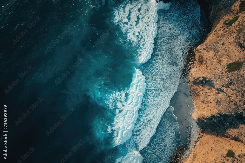 This aerial photo captures the forceful meeting of the ocean waves with the rugged cliffs, An aerial view of waves approaching the coastline, AI Generated