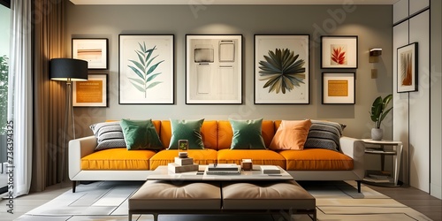 modern wall in a living room with many identical rectangle picture frames, ornate, flowers, fresh
 photo