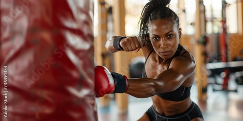 Young afroamerican woman in red boxing gloves punching a red boxing bag in the gym
