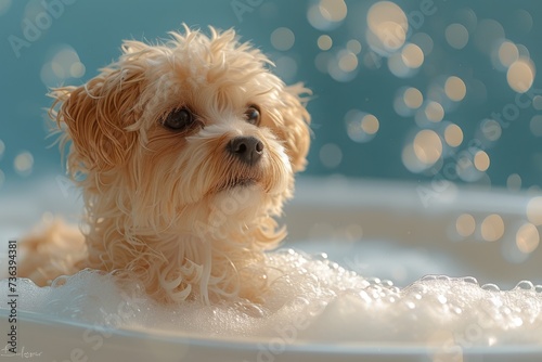 A playful shihpoo puppy enjoys a relaxing bath in the comfort of his owner's indoor tub, showcasing the adorable and affectionate nature of this beloved toy dog breed