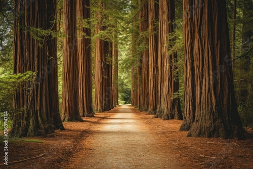 A picturesque, unpaved dirt road winding through a dense forest area, enclosed by towering trees, An alley of towering redwood trees in a coastal park, AI Generated photo