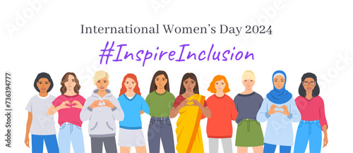 Inspire inclusion campaign. International Women's Day 2024 theme banner. Smiling diverse women hug each other and make heart symbol with hands to stop discrimination and stereotypes.