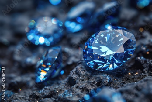 Shiny diamonds brilliants gemstones on dark background. Blue Diamonds crystal jewel light reflect texture background. 