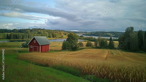Finnish countryside lake farmland with beautiful sky