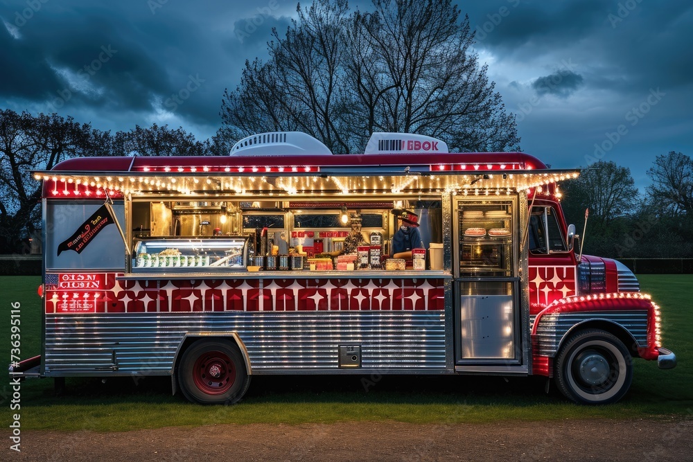 A food truck is parked in a field at night, with string lights brightening up the area and creating a warm ambiance, An American diner themed food truck, AI Generated
