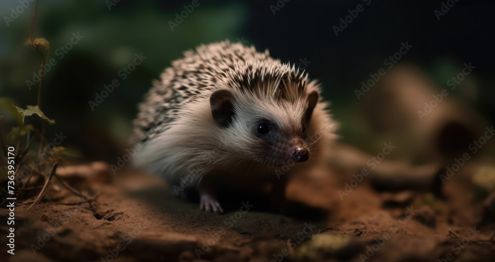 Fototapeta premium Attentive little hedgehog discovers the forest between the moss and ferns, autumn leaves around him.