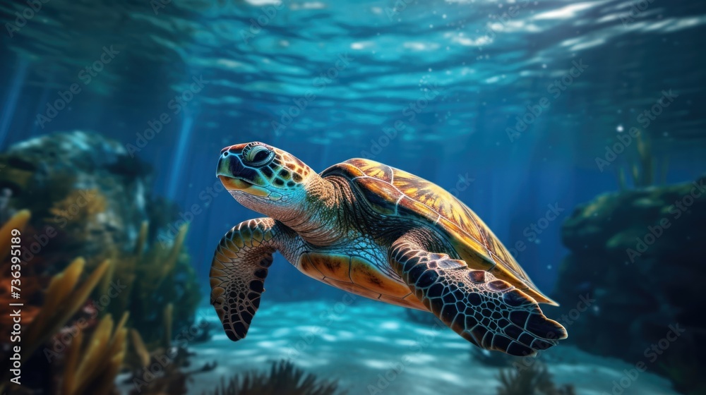 Fototapeta premium In the ocean, a green sea turtle is swimming.