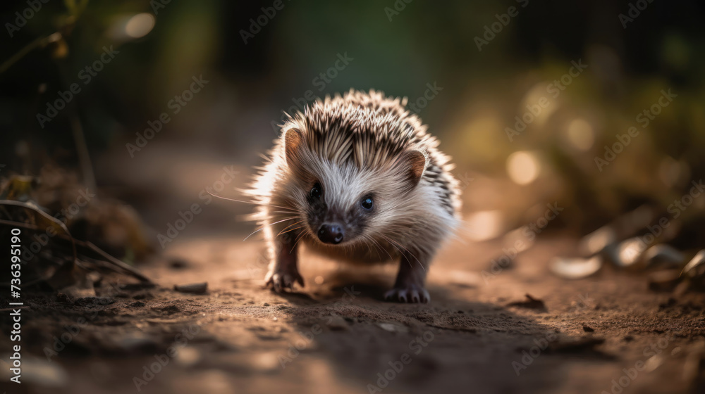 Fototapeta premium Attentive little hedgehog discovers the forest between the moss and ferns, autumn leaves around him.