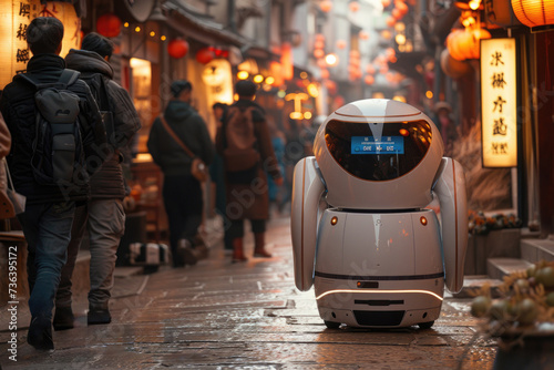 A service robot with a screen interface on a busy street with lanterns.