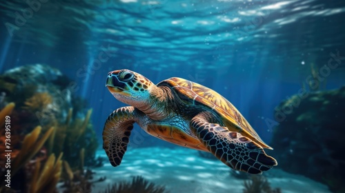 In the ocean, a green sea turtle is swimming.