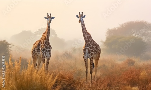 two giraffe standing in the savannah in the wild. © Katerryna.R