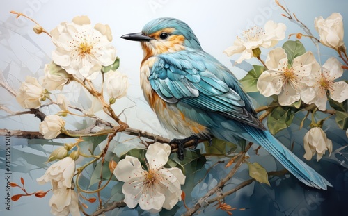 A single blue bird sitting on a branch with flowers  watercolor art style. Generative AI