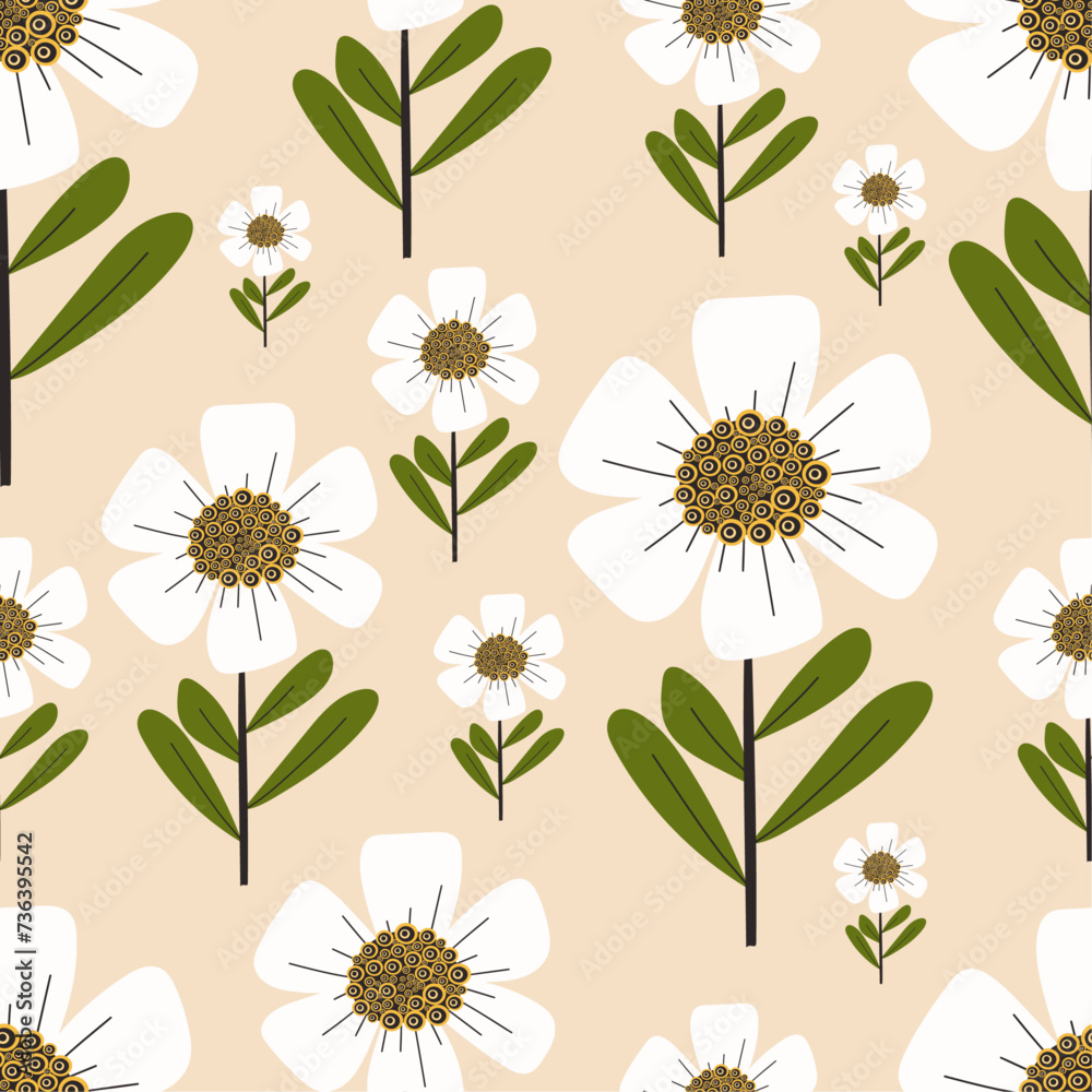 Beautiful white flower pattern on  light nude background. Botanical flat style. For wallpaper, wrapped paper, home textiles.