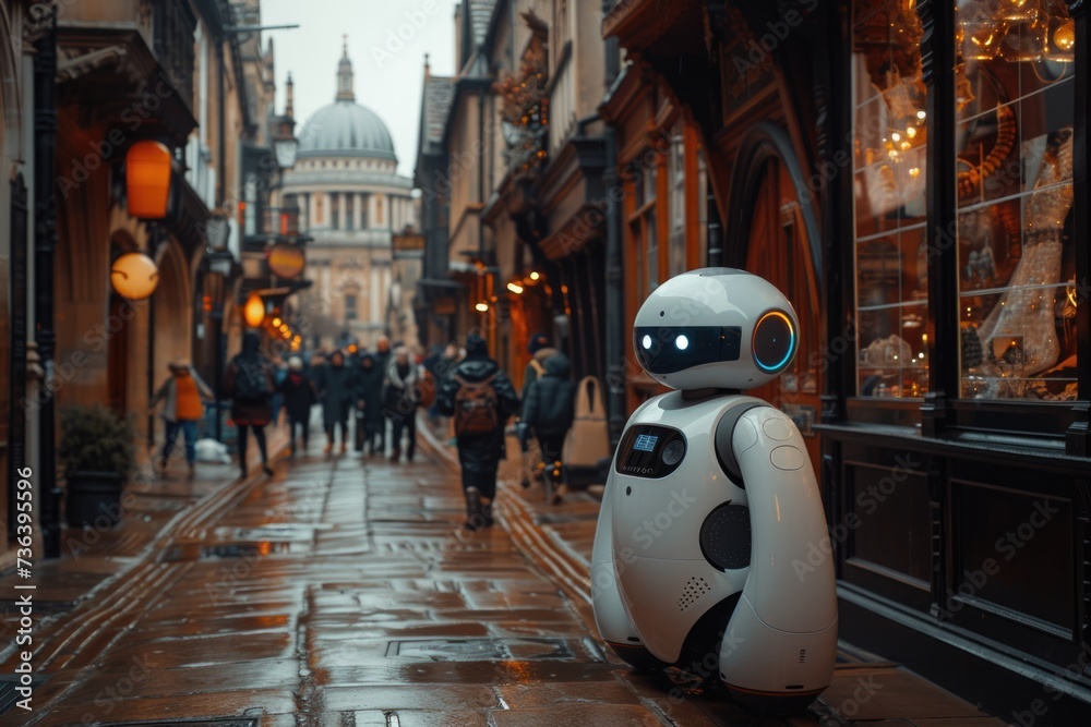 A white, futuristic robot with glowing eyes on a rainy city street. - obrazy, fototapety, plakaty 