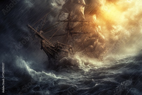A ship bravely navigating through turbulent waves amidst a powerful storm in the open sea, An ancient ship battling a raging tempest, AI Generated © Iftikhar alam