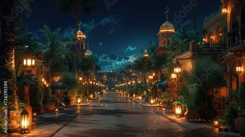 panorama of an alley in a middle eastern city during Ramadan in the night