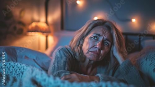 Menopause, night sweat. Woman suffering from hot flash in bed photo