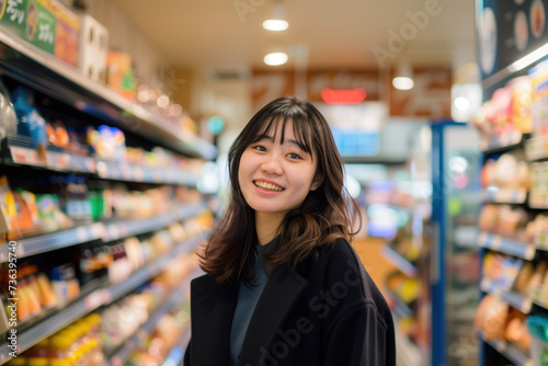 Portrait of beautiful young Japanese woman standing in a supermarket, looking into the camera and smiling. Created with Generative AI technology