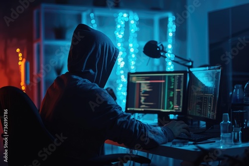 A person sitting at a computer in a dark room, engrossed in work, An anonymous hacker in a dark room attempting a major cyber attack, AI Generated