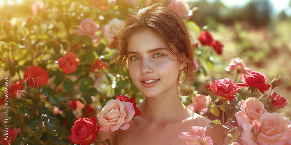 Young laughing woman standing near a blooming rose bush Young laughing woman standing near a blooming rose bush