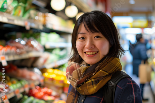 Wallpaper Mural Portrait of beautiful young Japanese woman standing in a supermarket, looking into the camera and smiling. Created with Generative AI technology Torontodigital.ca