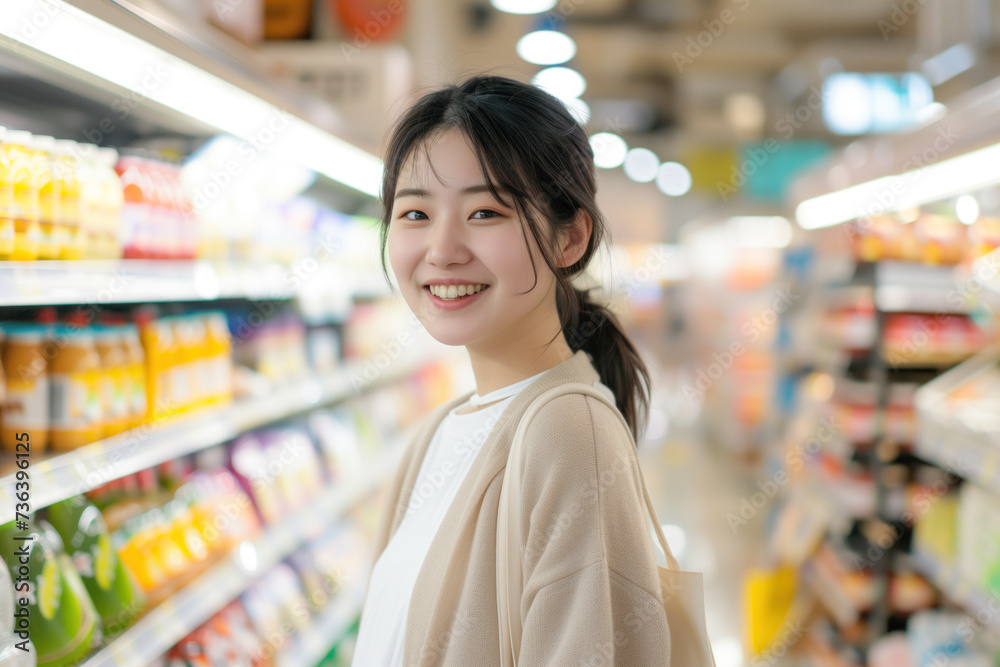 Portrait of beautiful young Japanese woman standing in a supermarket, looking into the camera and smiling. Created with Generative AI technology