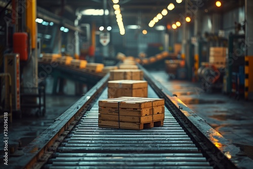 A bustling factory in the heart of the city, with crates on a conveyor belt moving along the indoor track towards the waiting train, all set against the gritty backdrop of the urban street photo
