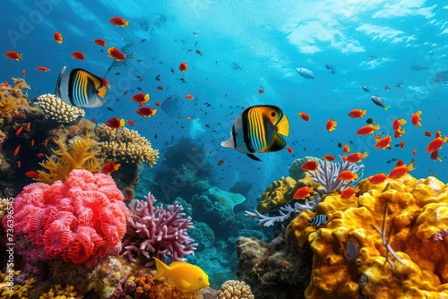 A diverse group of fish gracefully swim over a colorful and vibrant coral reef in the ocean, An array of vivid and diverse marine life in a warm, tropical ocean, AI Generated
