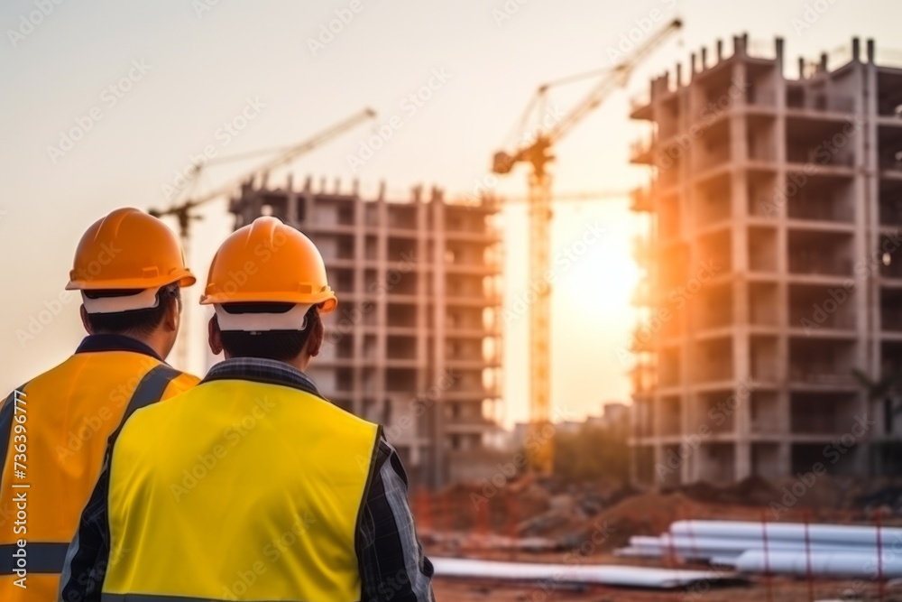 Builder engineer architect discussion building plan technical expertise modern construction site manufacturing safety work contractor examines manages job teamwork international team inspection check Builder engineer architect discussion building plan technical expertise modern construction site manufacturing safety work contractor examines manages job teamwork international team inspection check