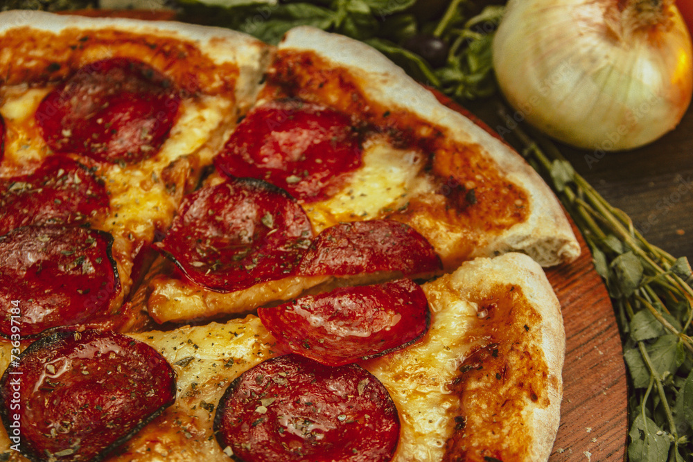 Delectable Pepperoni Pizza Surrounded by Fresh Ingredients Delectable Pepperoni Pizza Surrounded by Fresh Ingredients