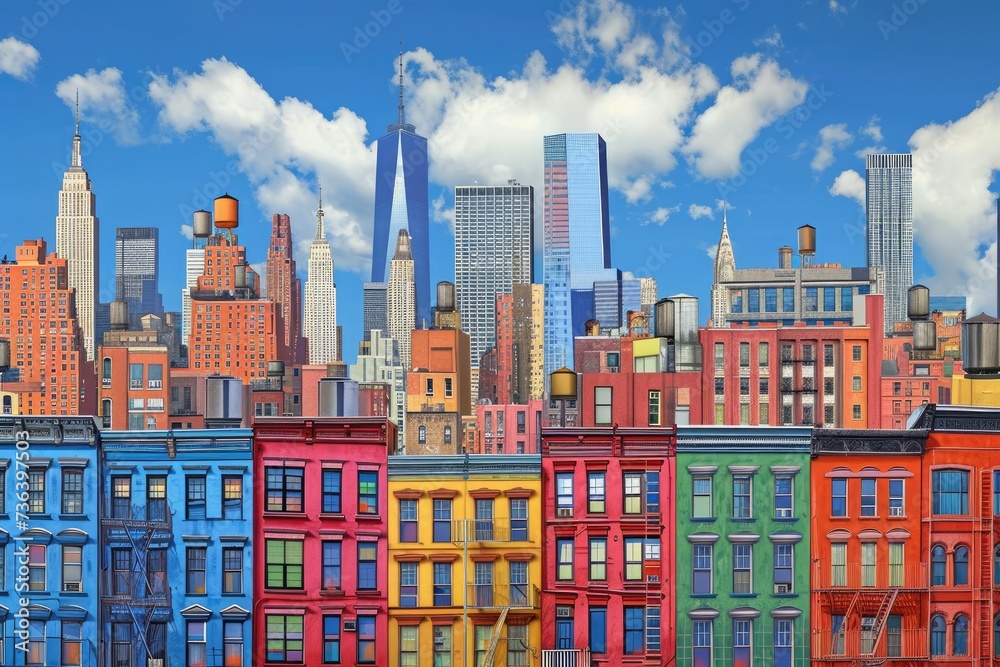 Fototapeta premium This photo features a painting depicting a line of buildings against a backdrop of a clear blue sky, An artistic rendition of New York City skyline, AI Generated