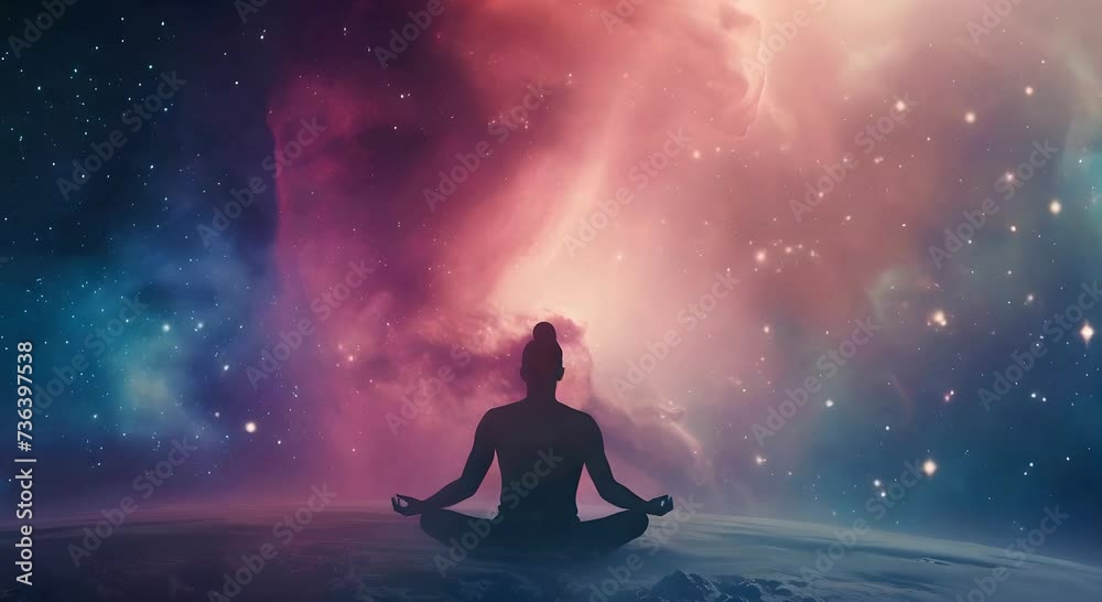 Man and soul in Yoga lotus pose meditation on nebula galaxy background, mindful spiritual concept