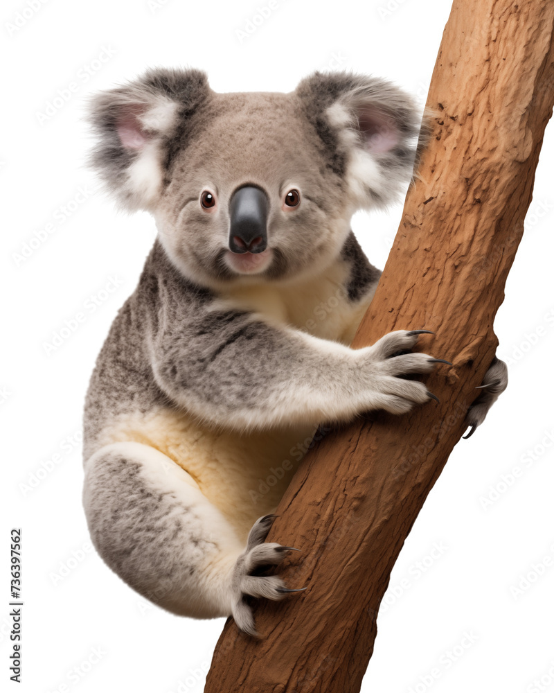Obraz premium Cute Koala hugging a tree on isolated transparent background