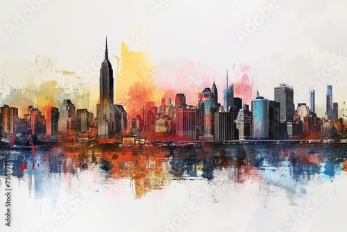 A detailed painting capturing the city skyline reflected in the water below, An artistic rendition of New York City skyline, AI Generated