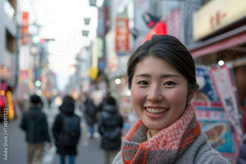 Portrait of beautiful young Japanese woman standing in the street, looking into the camera and smiling. Created with Generative AI technology