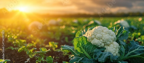 Organic vegetable cultivation in eco-friendly plantations at sunset, focusing on cauliflower.