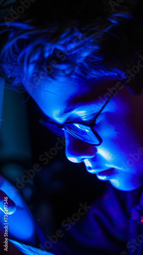 jeune garçon dans une pièce sombre en train de consulter son smartphone, il est éclairé par la lumière