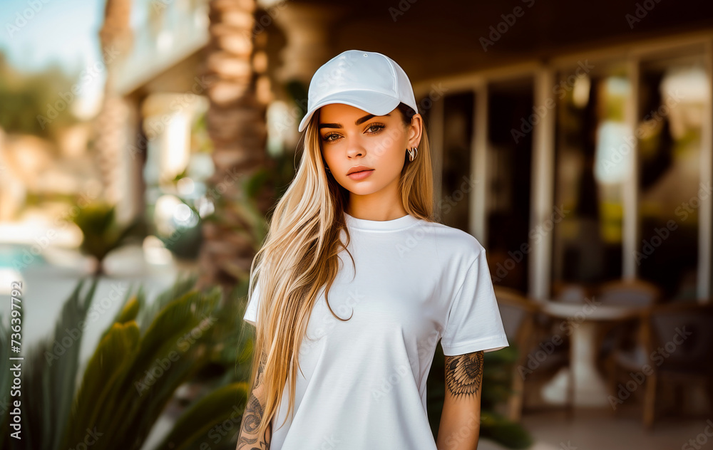 Fashionable young woman in a white t-shirt and cap posing outdoors in a residential area with a serene expression. Fashionable young woman in a white t-shirt and cap posing outdoors in a residential area with a serene expression.