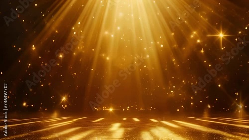 Stage opening golden stage glitter animation, spotlights and luxury gold light streak. Particle luxury for ceremony background photo