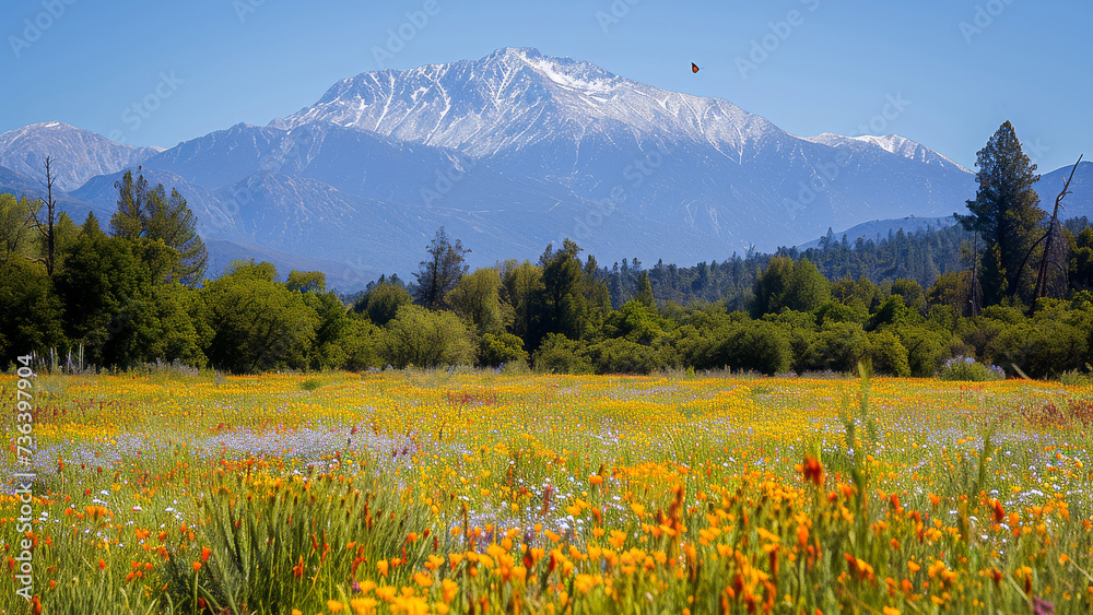 A breathtaking landscape with a mountain backdrop, a vibrant field of wildflowers, and clear blue skies.