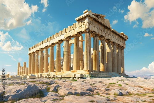 The iconic Parthenon, a Doric temple dedicated to the goddess Athena, standing proudly on top of the Acropolis in Athens, An artistic representation of the Parthenon in Greece, AI Generated