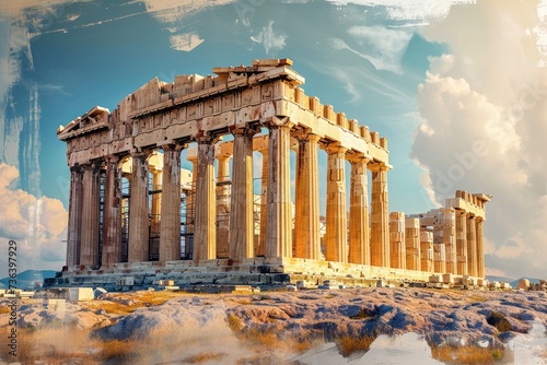 A Painting of the Central Facade of a Historic Building, An artistic representation of the Parthenon in Greece, AI Generated