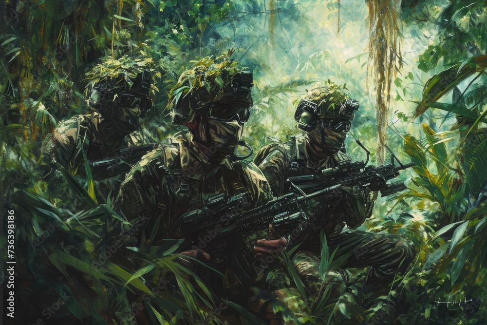 This photo depicts a painting of soldiers actively engaged in intense combat amidst dense jungle foliage, An artwork showcasing Green Berets Special Forces in jungle camouflage, AI Generated
