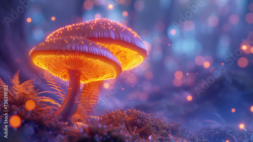 A duo of glowing, bioluminescent mushrooms stand out in a tranquil, fantastical forest, emitting a warm, neon light and creating an ethereal atmosphere.