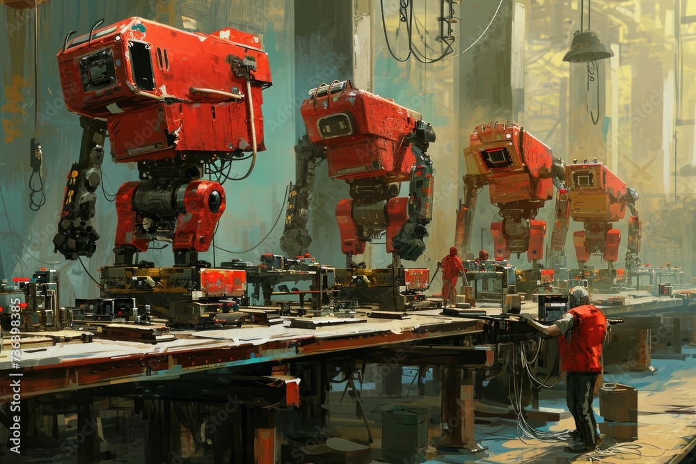 A group of red robots stands motionless on top of the factory floor, ready for automated tasks, An assembly line of robots under construction, AI Generated