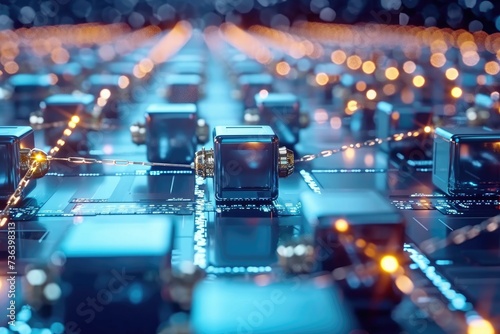 A line of cars can be seen traveling on a busy road during rush hour traffic, An assembly line of blocks representing blockchain, AI Generated photo