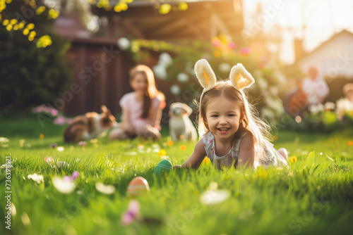 Happy smiling child with bunny ears enjoying an Easter egg hunt in the backyard with family and dog photo