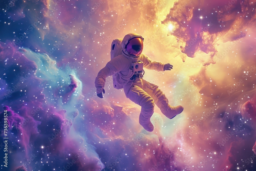 Astronaut Floating in Sky Surrounded by Stars, An astronaut in a gleaming fluorescent spacesuit, floating gently in a seascape of infinite stars, AI Generated - obrazy, fototapety, plakaty 