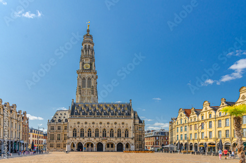 Cityscape of Arras town with Hotel de Ville town hall building, Flemish-Baroque-style townhouses on La Petite Place des Heros Heroes Square, Pas-de-Calais department, Hauts-de-France Region, France